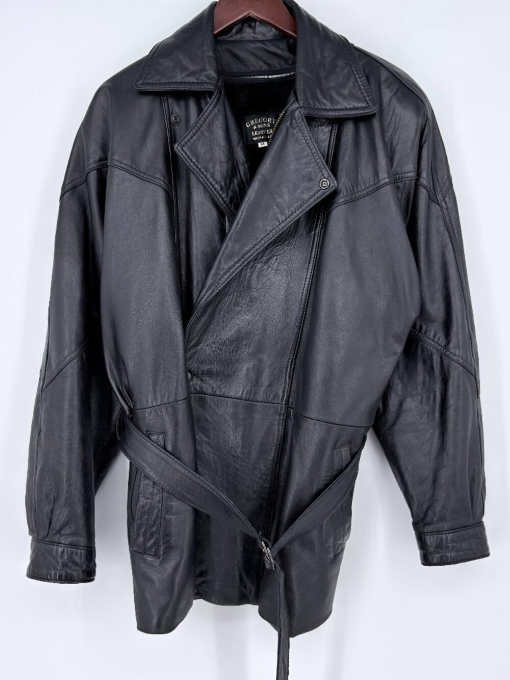 Vintage Gregory Sons Leather Jacket Womens M Black Trench Coat Belted Made in US